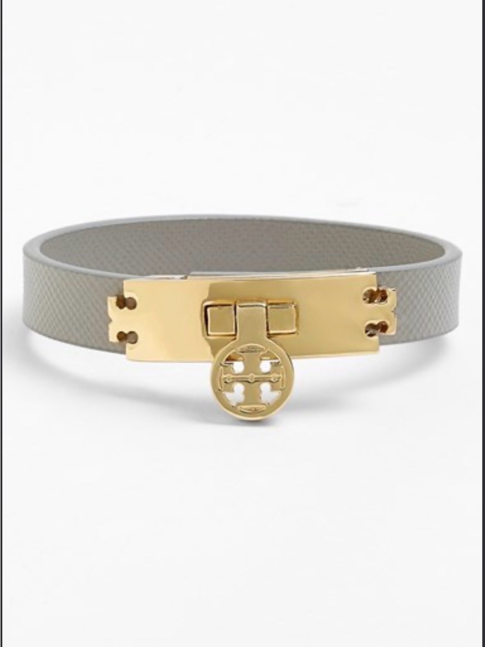 Tory Burch Gray Leather Bracelet with Gold Logo Plate